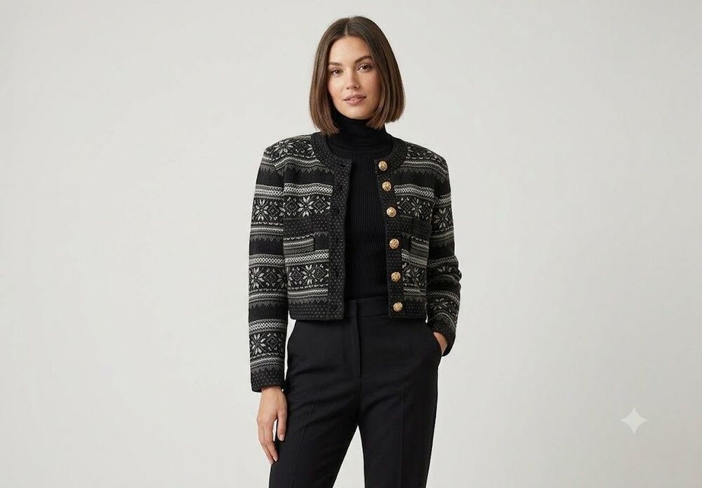Vintage Fendissime Fendi Cropped Black Pattern Jacket Italy Sz 44 / US 12